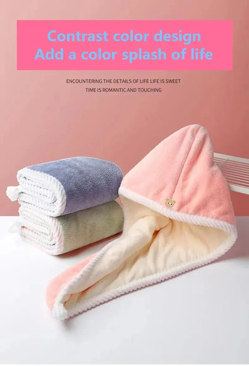 Double Thick Dry Hair Towel Double Sides Use Dry Hair Cap Multi-color Strong Absorbent Rippled Edge Thick Quick Drying Bath Hat